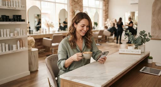 Proprietária de salão de luxo relaxada com café
